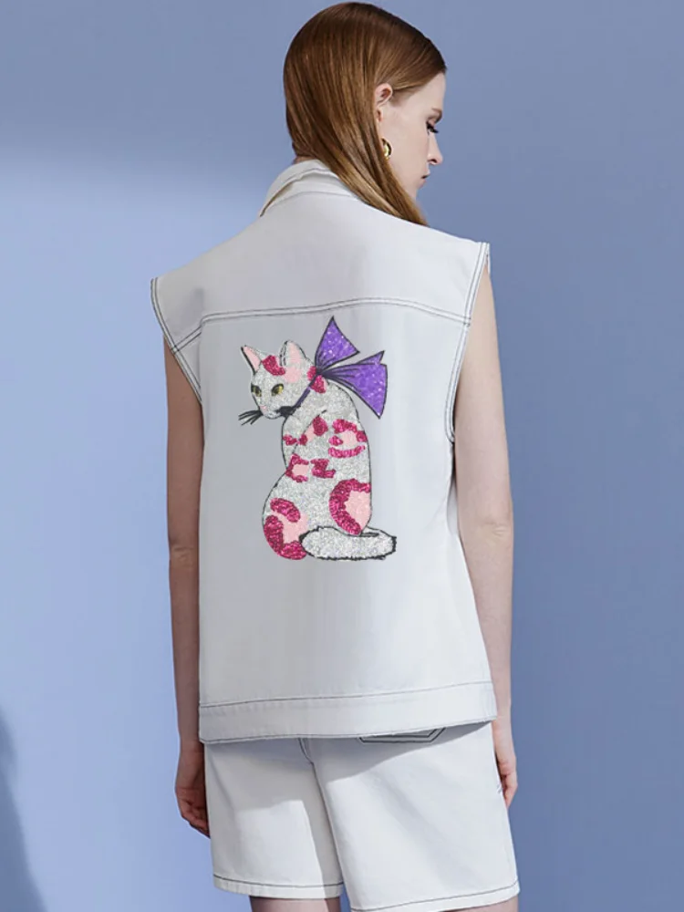 

Sequins Pink Cat Applique Embroidered Iron on Patch Large Size for Jackets Clothing DIY Accessories Large Back Emblem