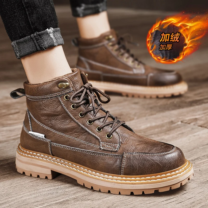 

Popular 2020 Men Winter Boots Brand Fashion Mens Motorcycle Boots Outdoor With Fur Men Leather Boots Wearable Men Casual Shoe