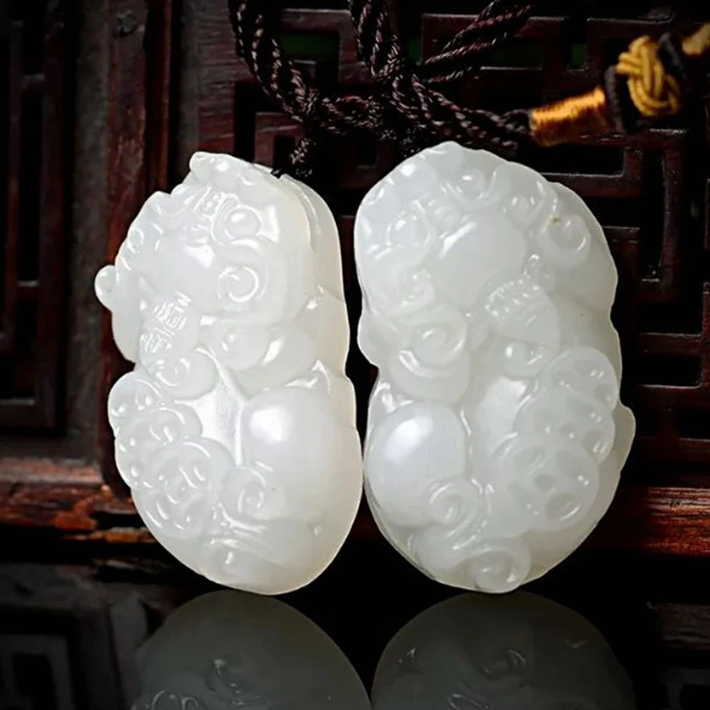 1 пара кулон с натуральным единорогом и животным цепочка из белого нефрита pixiu