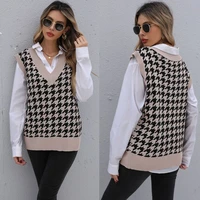women sweater vest autumn houndstooth plaid v neck sleeveless knitted vintage loose oversized female pullover waistcoat tops
