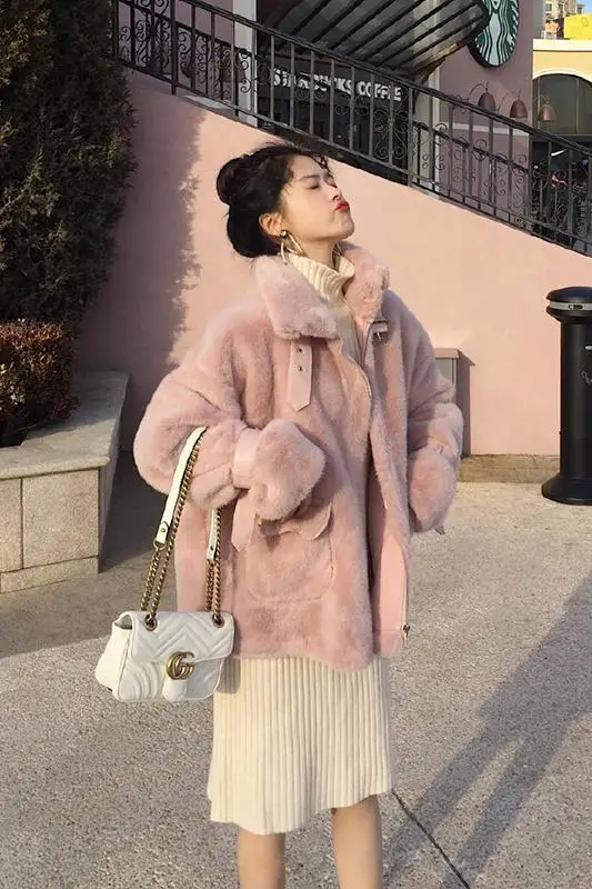 

Thick Motorcycle Rabbit Leather Buckle faux Fur Coat Reversible Plush Plush Coat Women Winter Leather Jacket Zipper