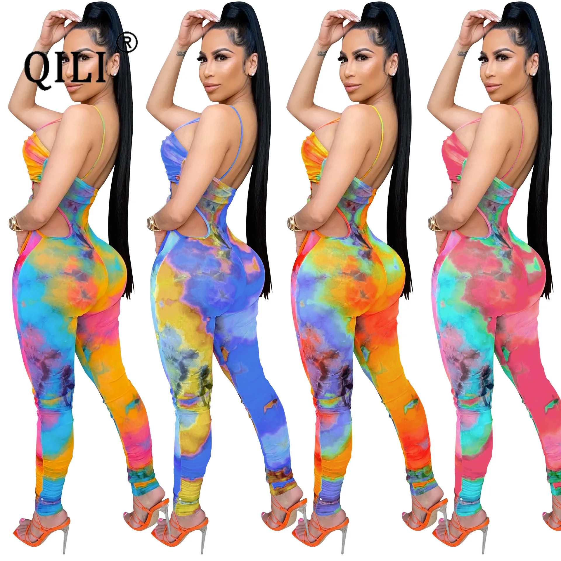 QILI Fashion Painted Sleeveless Sexy Suspenders Wrapped Chest Strap Trousers Jumpsuit Women Lace Up Sexy Jumpsuits