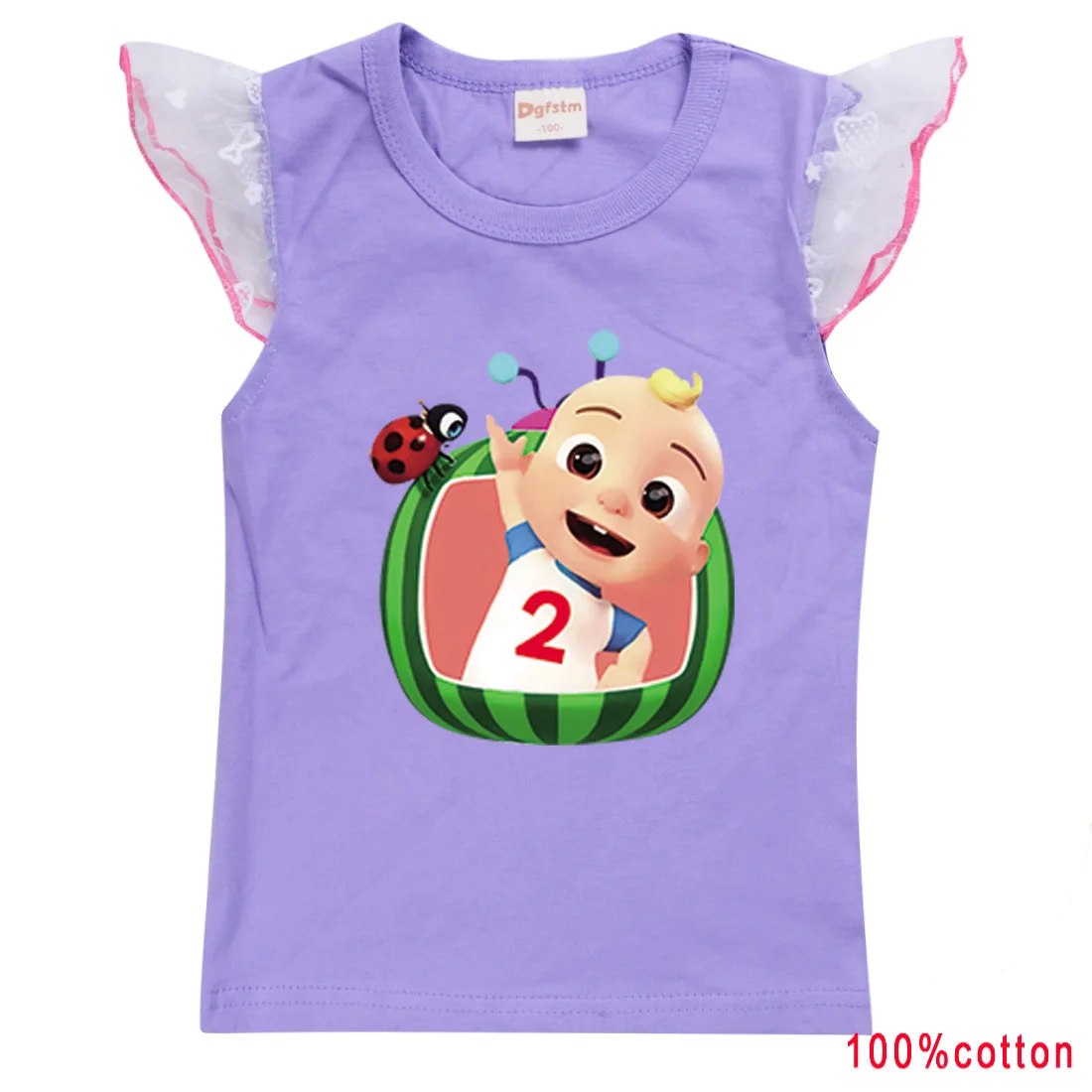 

2021 Cartoon Cocomelon Pattern JJ Tshirt Summer Children Clothes Kids Lace Sleeve Cotton Tops for Girls Toddler Boys Striped Tee