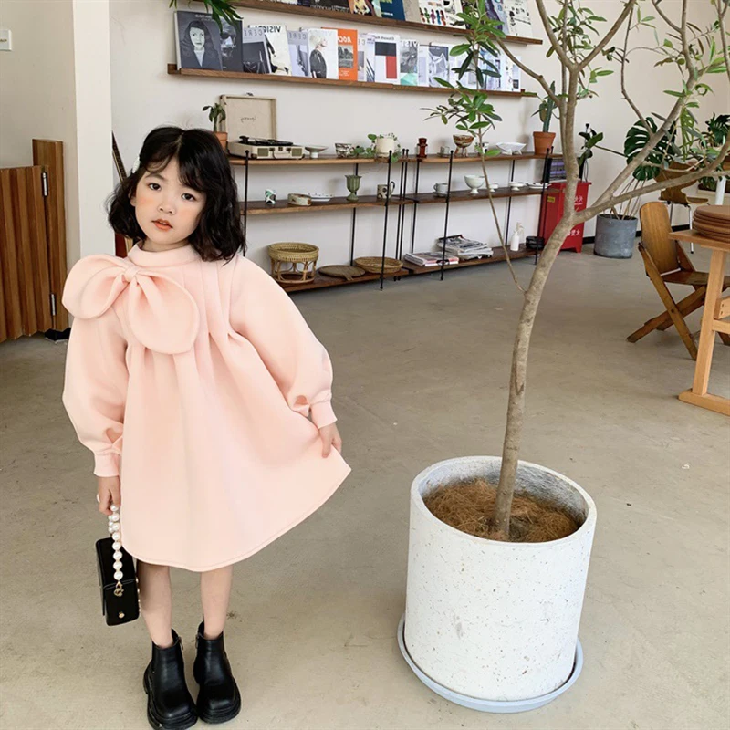

Girls Korean Style Solid Color Bow Air Cotton Long-sleeved Dress Toddler Girl Fall Clothes 2022 Autumn Clothes Baby Clothing