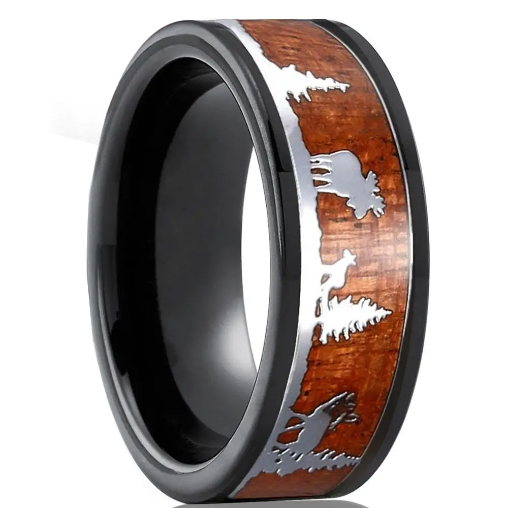 FDLK Vintage 8mm Men's Black Tungsten Hunting Ring Wood Inlay Antler Silhouette Suitable For Wedding Jewelry Gifts | Украшения и