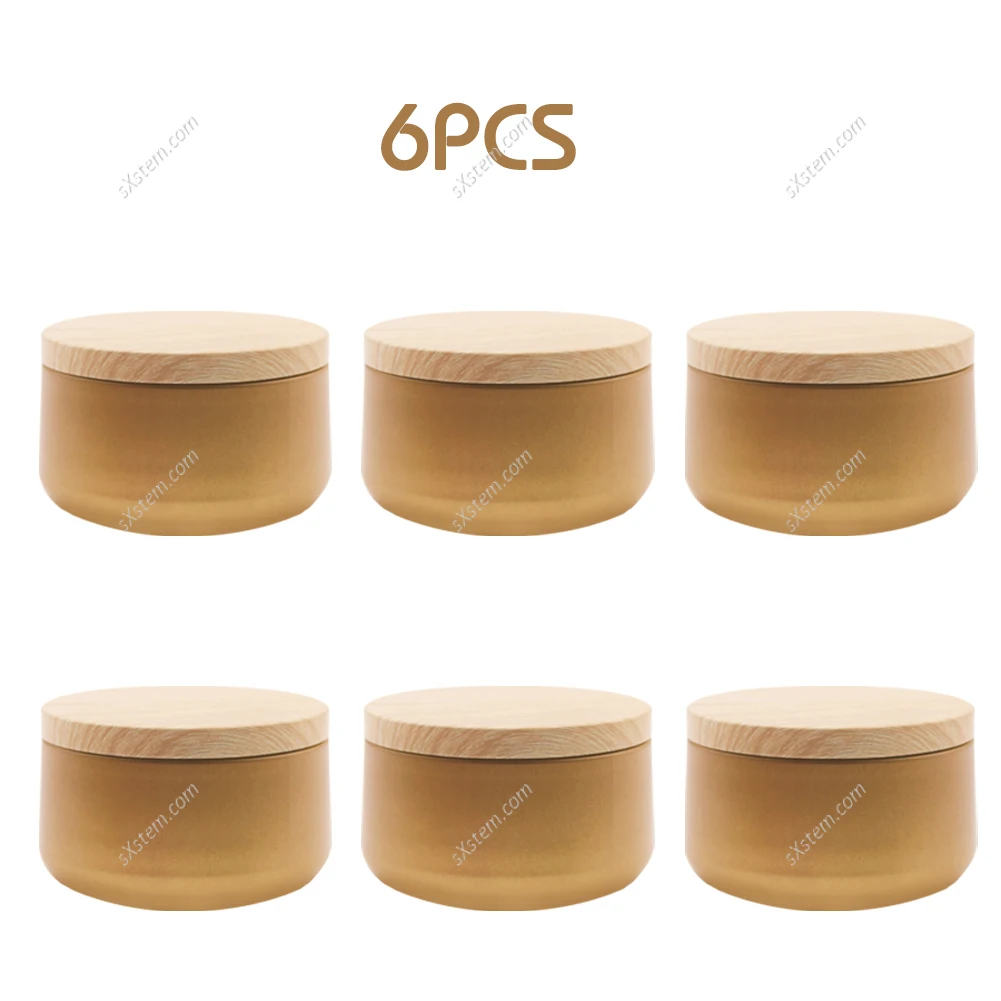 Tarros de lujo para velas con tapa de patr&oacute;n de madera, contenedor redondo a granel, latas vac&iacute;as, caja de almacenamiento de dulces, bote de cosm&eacute;ticos, negro y dorado, 6oz-0