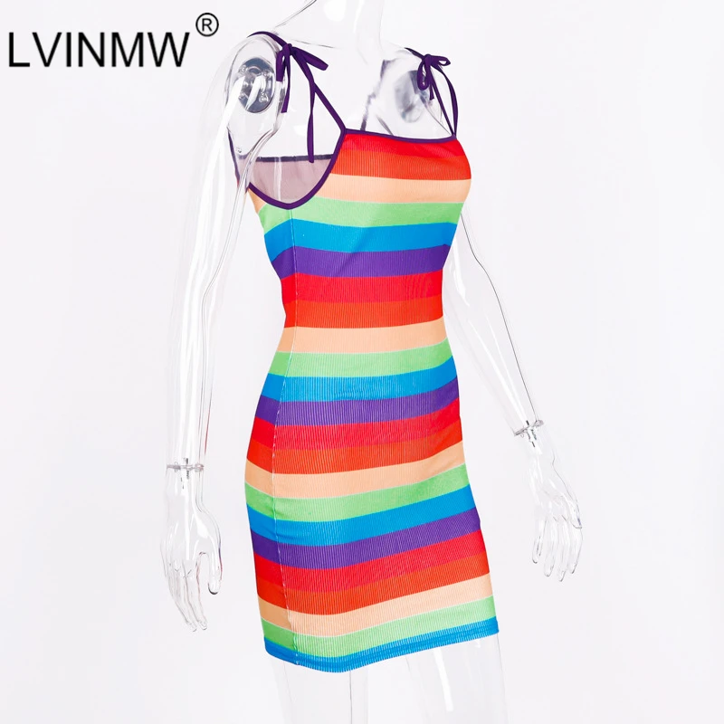 LVINMW сексуальное платье в радужную полоску с вырезом лодочкой на шнуровке бантом