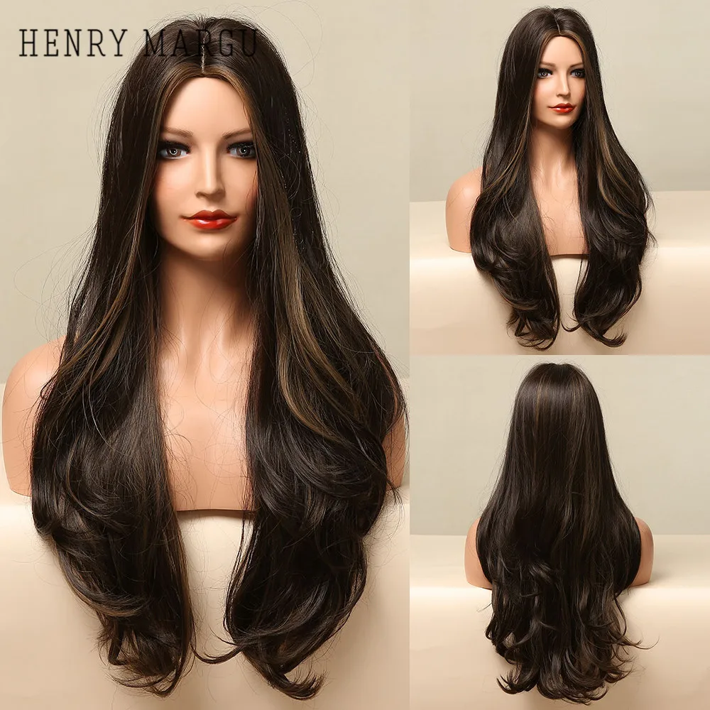 

HENRY MARGU Long Dark Brown Body Wave Synthetic Wigs Heat Resistant Natural Cosplay Wigs for Black Women African American Hair