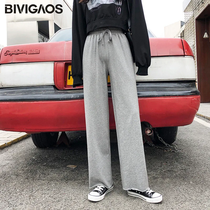 BIVIGAOS Женские длинные спортивные штаны серые широкие брюки с высокой талией