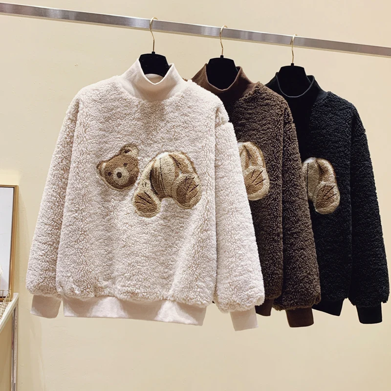 

Spring and Autumn 2021 New Broken Bear Embroidered Lamb Wool and Padded Loose Ladies' Sweaters