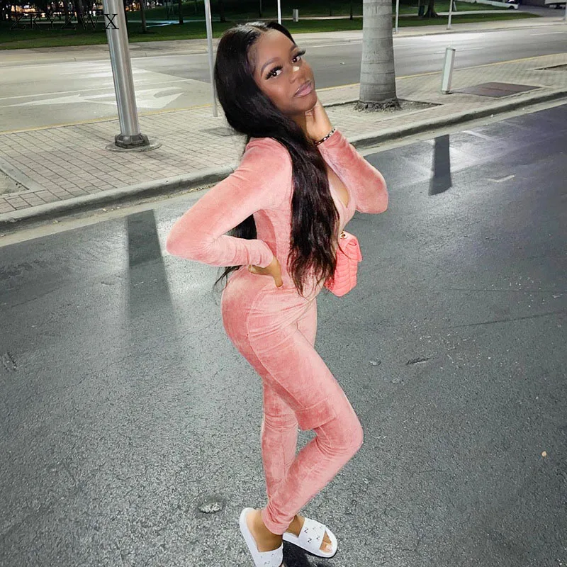 

ZKYZWX Nice Chic Jumpsuit Sexy ZIP Velvet Rompers Women Long Sleeve Overalls Clubwear One Piece Sporty Fitness Birthday Outfits
