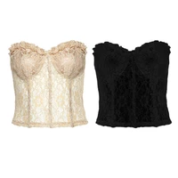 women sexy strapless sheer mesh crop top ruffles floral lace see through corset bustier club party bralette underwear