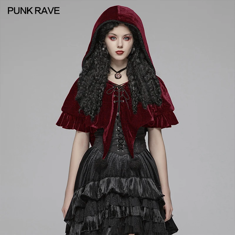 

PUNK RAVE Women's Lolita Hooded Velvet Short Cloak Christmas Halloween Witch Cloak Front Centre Eyelet Piercing Rope Women Cape