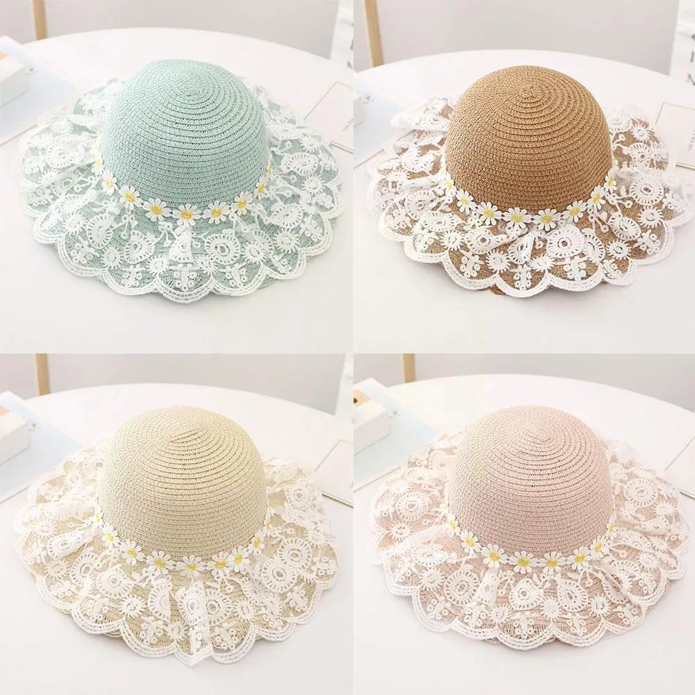 

Sun Hat Wide Brim Sun Protection Floppy Beach Cap Toddler For Kids Lace Ruffle Girls with Straw Girls S0W2