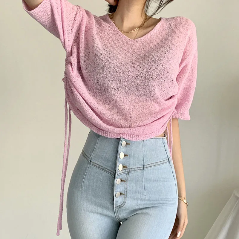 

Korean Fashion White Crop Top Tshirt Women 2021 Summer Thin Sun Protection Short Sleeve Drawstring Knitting Clothing Tops Femme