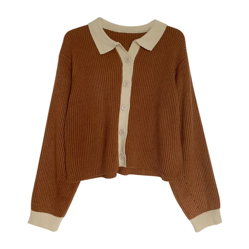 Женский трикотажный кардиган с отложным воротником длинным рукавом |