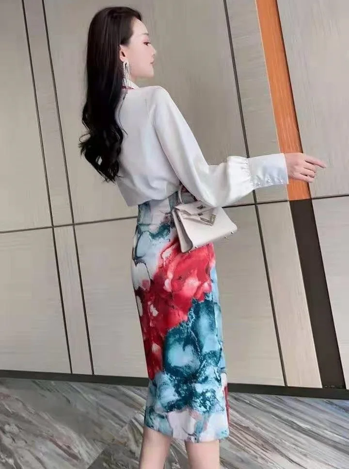 

Women's High Quality Set 2021 Spring Summer Skirt Suit Ladies Turn-down Collar White Orange Tops Shirt+Bow Belt Midi Skirt Set