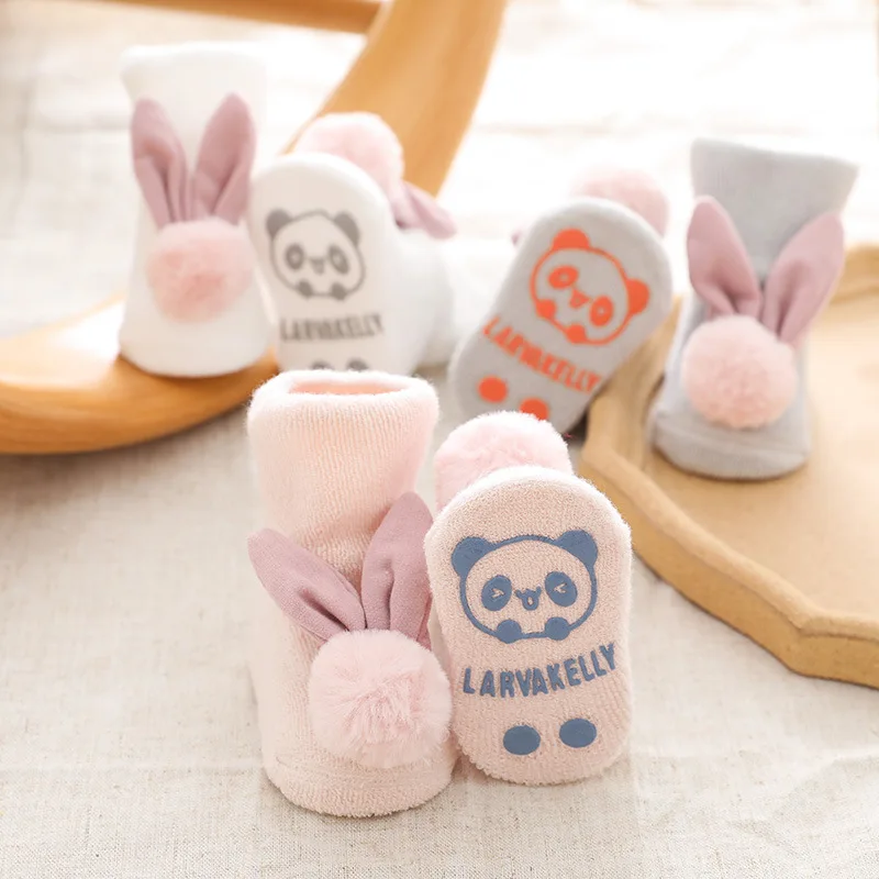 

Милые детские носки с помпонами и ушками кролика, милые мягкие нескользящие носки для малышей, осенне-зимние теплые носки для новорожденных...