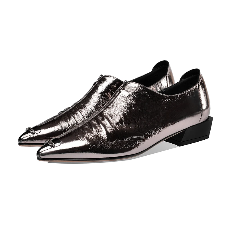 

ISNOM Pointed Flats Metal Cow Leather Flats Women Low Heels Summer Casual Shoes Mirror Leather Shoes 2020