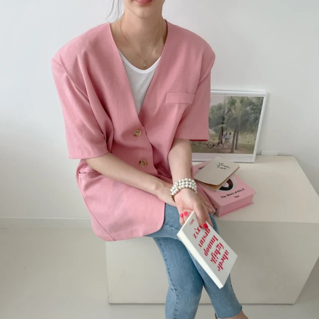 

Women Jackets 2021 Summer Elegant Temperament V-Neck Chic Three-Button Ties Wide Loose Short-Sleeved Cardigan Jacket