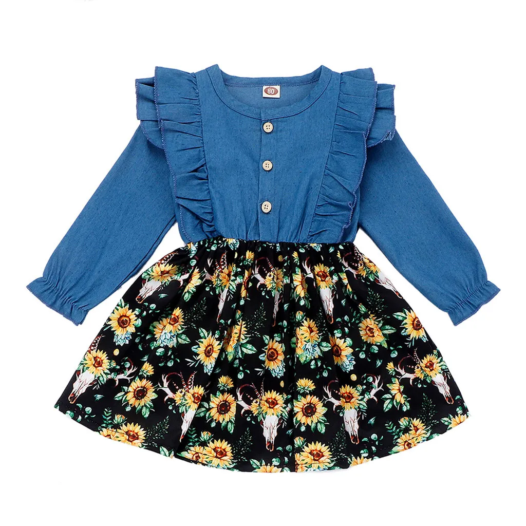 2019 г. детские платья для маленьких девочек джинсовое платье с цветочным принтом и