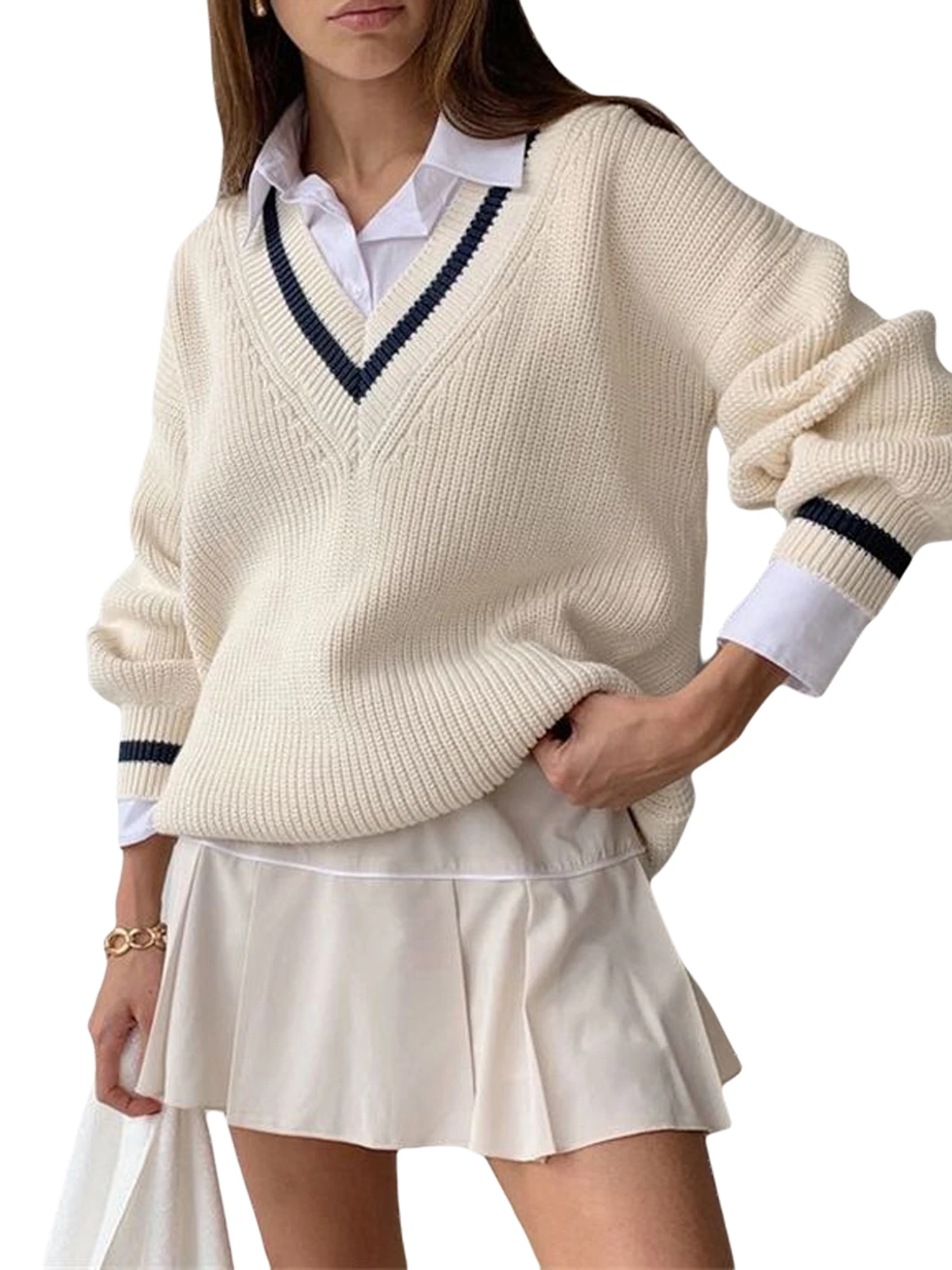 

White Long Sleeve V-neck Knitted Sweater Women's Sweaters Autumn and Winter Knit Korean Loose Pullover Sweatshirts Tunic Tops