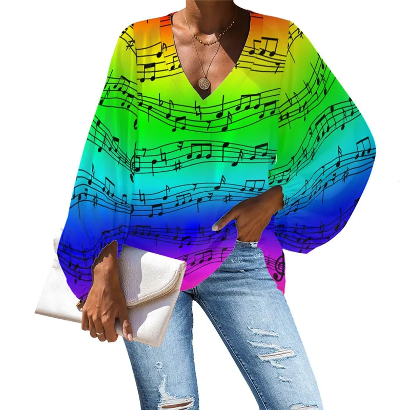 

Plus Size Blouse Music Note Design Womens Blouses Tops Shirt Lantern Sleeve Femme V Neck Chiffon Shirts DIY Custom Clothing