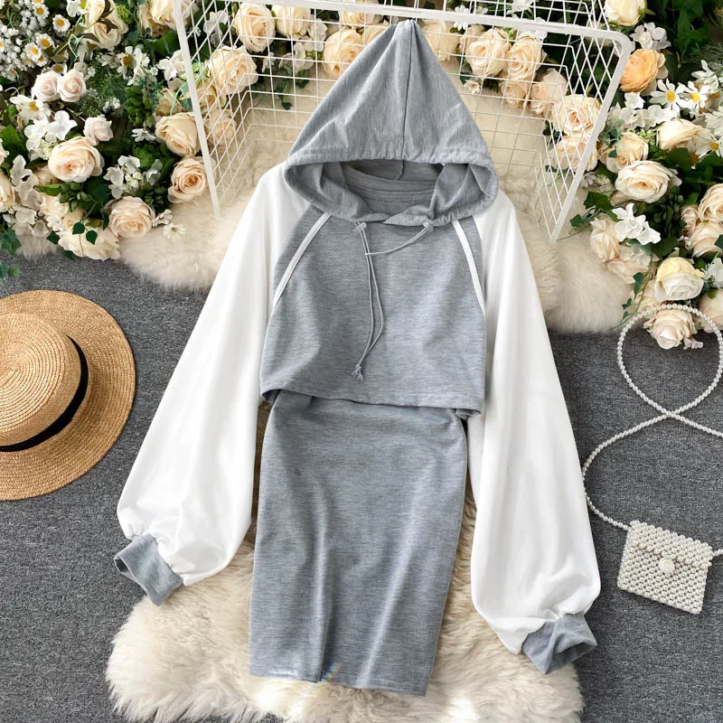 

Casual Cool Hooded Lantern Sleeve Top and Elastic Tank Dress Women Sporty Set