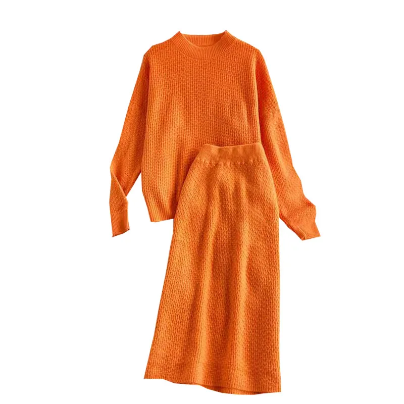 

Autumn Winter New Temperament Loose Round Neck Sweater Women Two-piece High-waist Knitted Skirt with Hips UK959