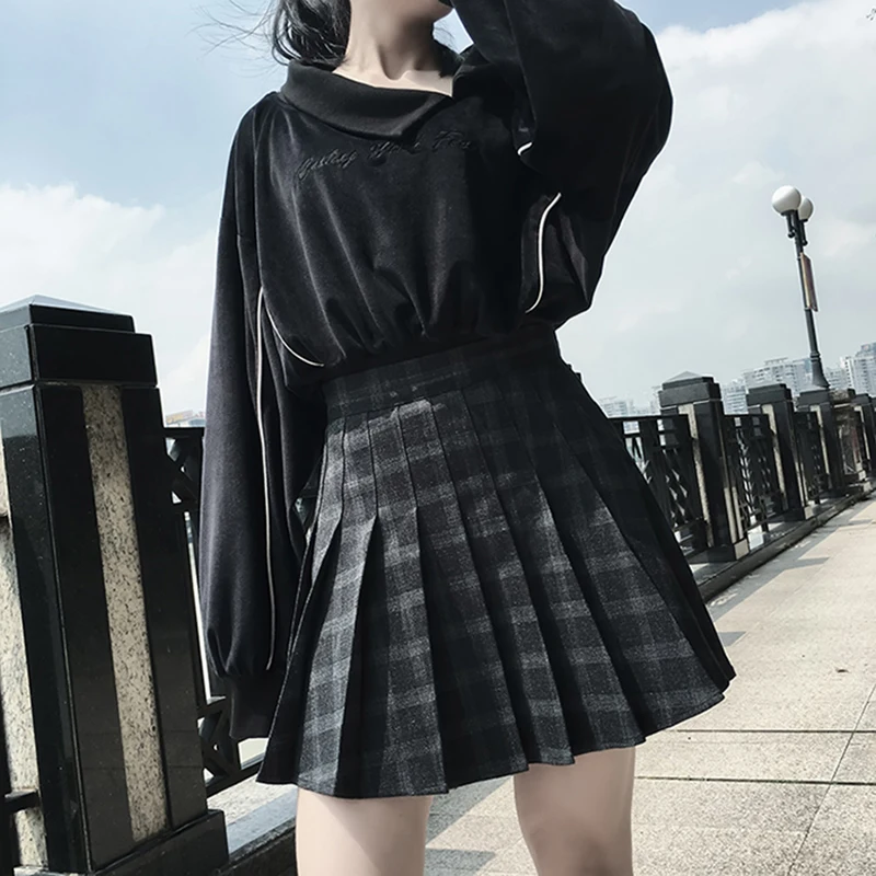 Женская юбка в стиле Харадзюку темно серая плиссированная готическом мини с