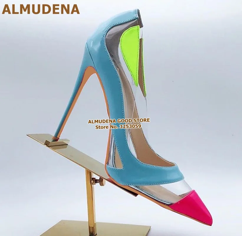 ALMUDENA/прозрачные туфли-лодочки из ПВХ на высоком каблуке 12 см; свадебные туфли с острым носком; Цвет Небесно-Голубой; Разноцветные модельные туфли-лодочки