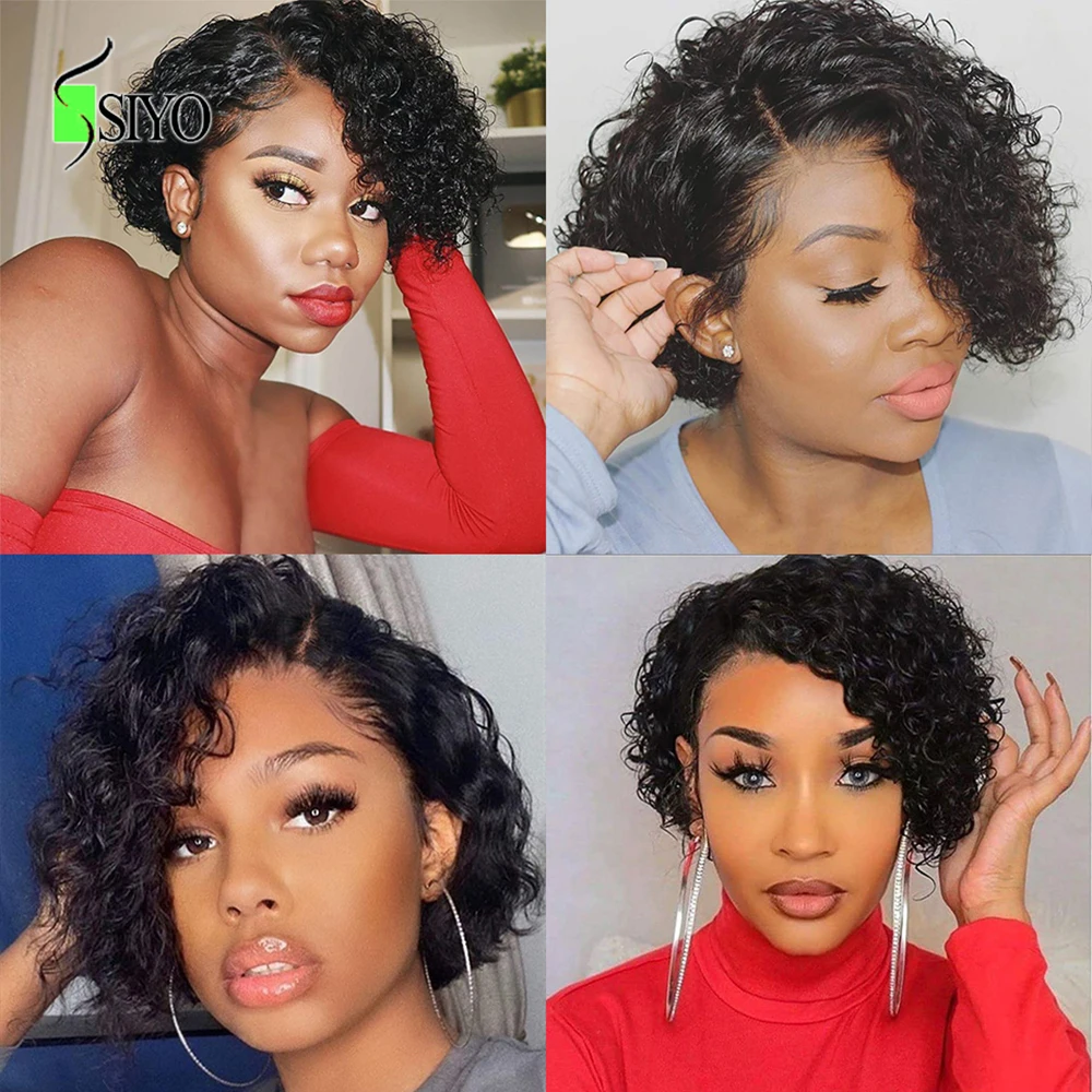 Siyo Malaysian Water Wave Human Hair Wigs 13x4x1 Lace Closure for Black Women Short Curly Bob Pre Pluck Pixie Cut Wig | Шиньоны и