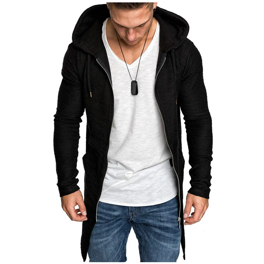 

Men hooded trench coat Autumn Winter new fashion slim mid-length dovetail cardigan zipper windbreaker male overcoat jacket coat