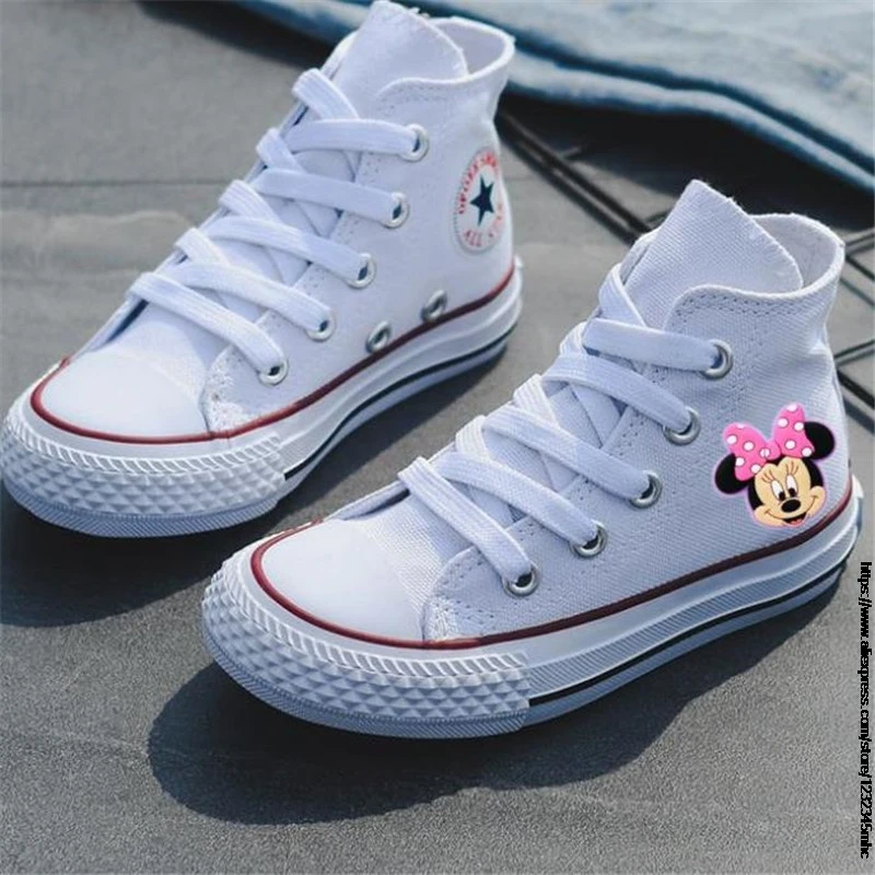 Высокие Детские холщовые туфли с Микки и Минни детские кроссовки обувь для