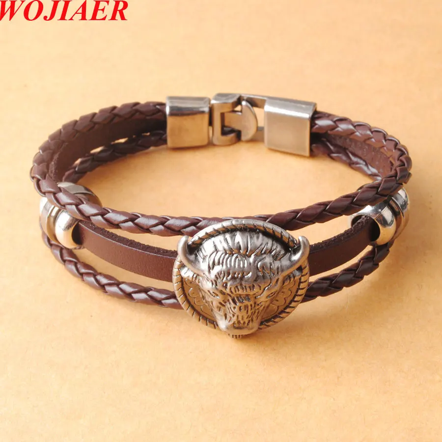 WOJIAER Vintage Bull Head Bracelet Men Rock Charm Braided Bracelets Male Antique Leather Braslet Cuff Wrist Cool Jewelry BC004