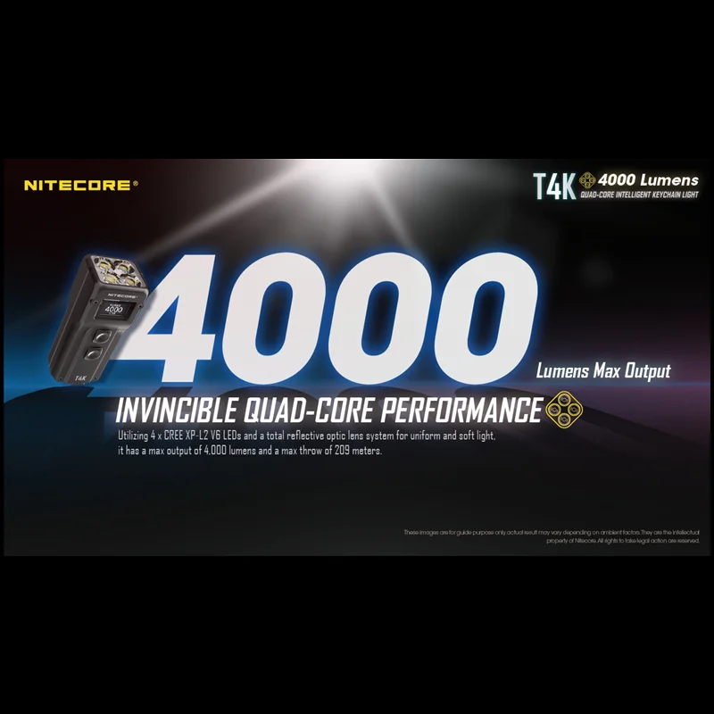 Купить Портативный брелок-вспышка NITECORE T4K, 4000 люмен, USB-перезаряжаемый, использует 4 CREE XP-12 V6, мини-светильник фонарь