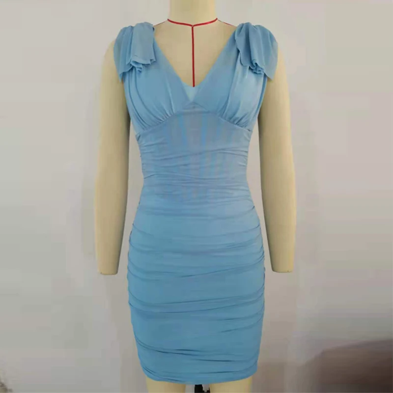 

Evening Dress Polyester Pleated Fishbone Design Short Elegant Sleeveless All-Match Retro Dress Mesh Women V-Neck Backless Party