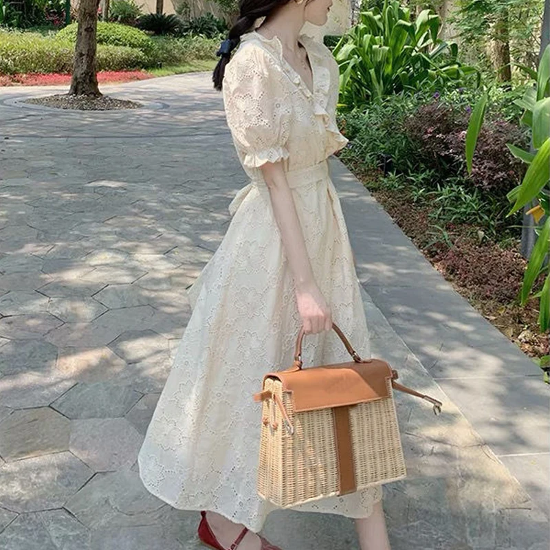 

Lace Elegant Dress Women V-neck Puff Sleeve Sweet Dress Evening Party Dress for Females Korean Office Lady Style 2021 Summer