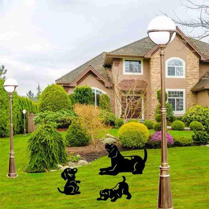 

Металлическая Статуя полая фигурка собаки для сада вставка Декор садовое украшение черный садовый закон Украшение Искусство Открытый Деко...