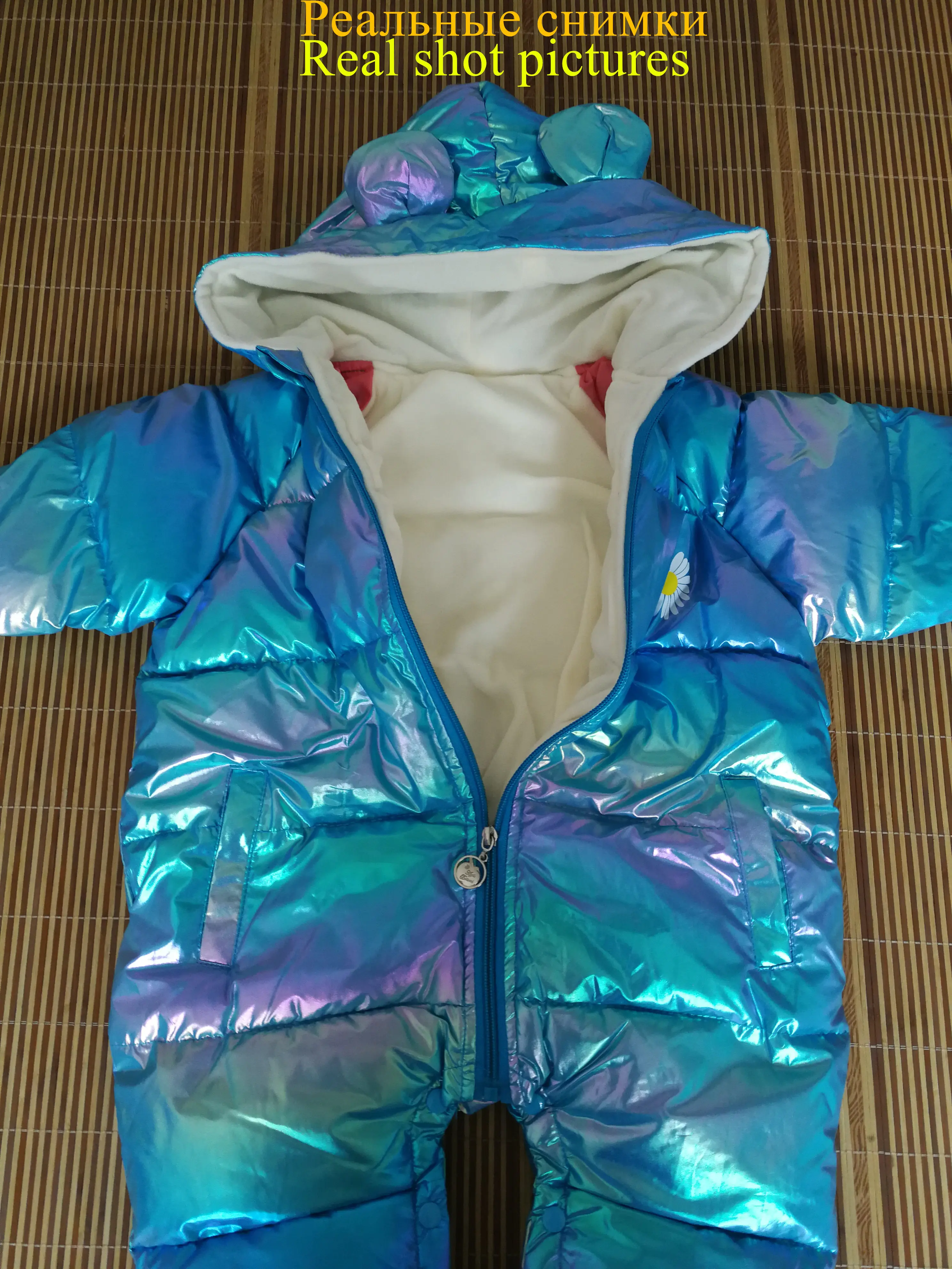 

New Plus Velvet Jumpsuits Baby Winter Rompers Cartoon Hooded Shiny Waterproof Newborn Girls Snowsuit Toddler Boys Coat clothes