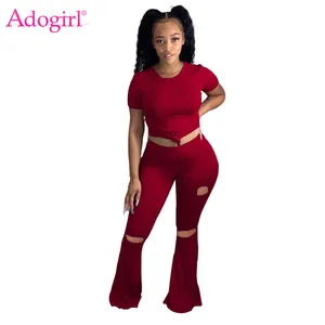 Женский комплект из двух предметов Adogirl, футболка с коротким рукавом, укороченный топ с расклешенными брюками, Модный женский спортивный костюм