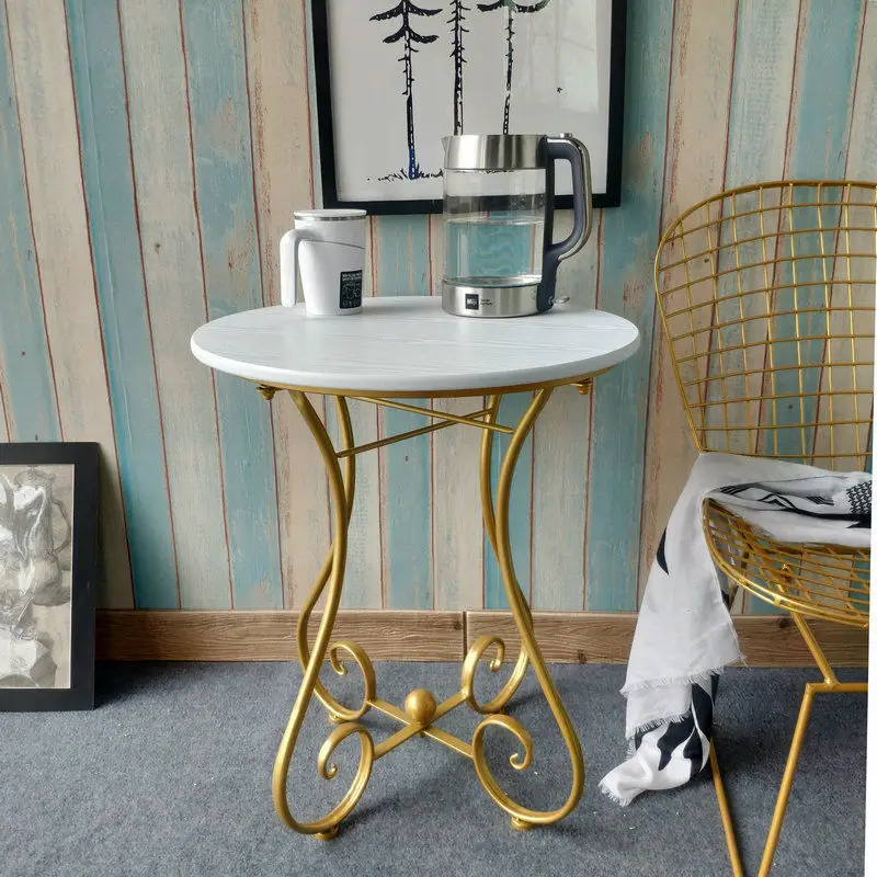 

European Wrought Iron Small Table Sofa Round Coffee Table for Living Room Small Bedside Table Balcony Ins Wooden Tea Table
