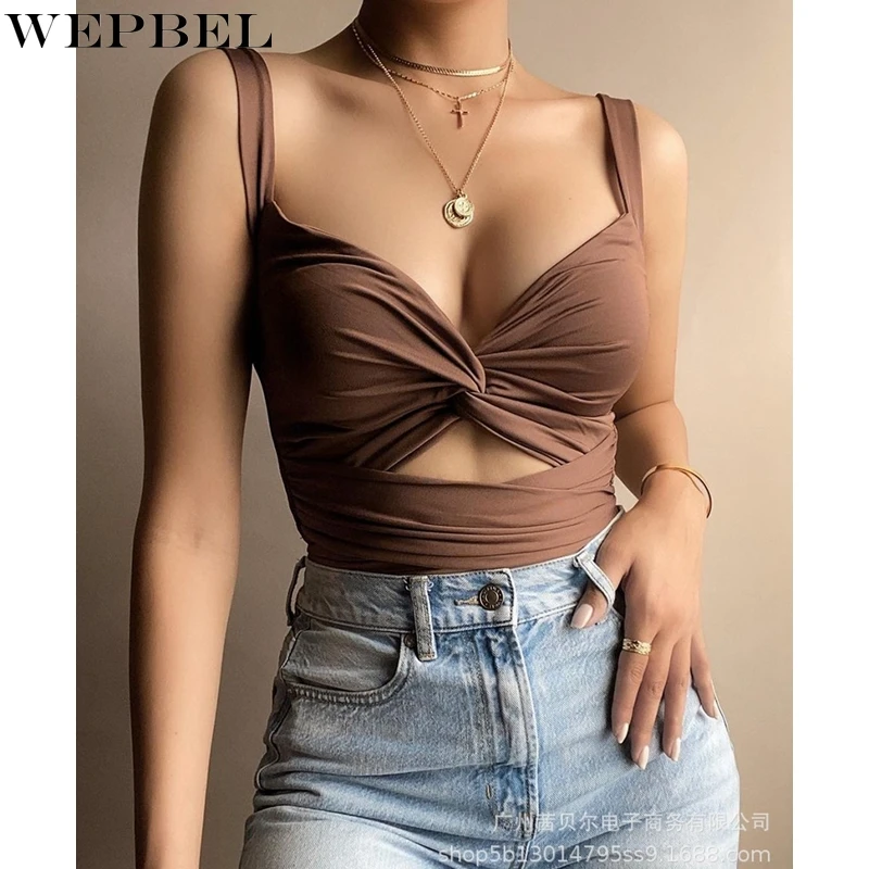 

WEPBEL Sexy Sleeveless Vest Women's Casual Solid Color Pleated Hollow Out Vest Summer V-neck Backless Slim Fit Vest