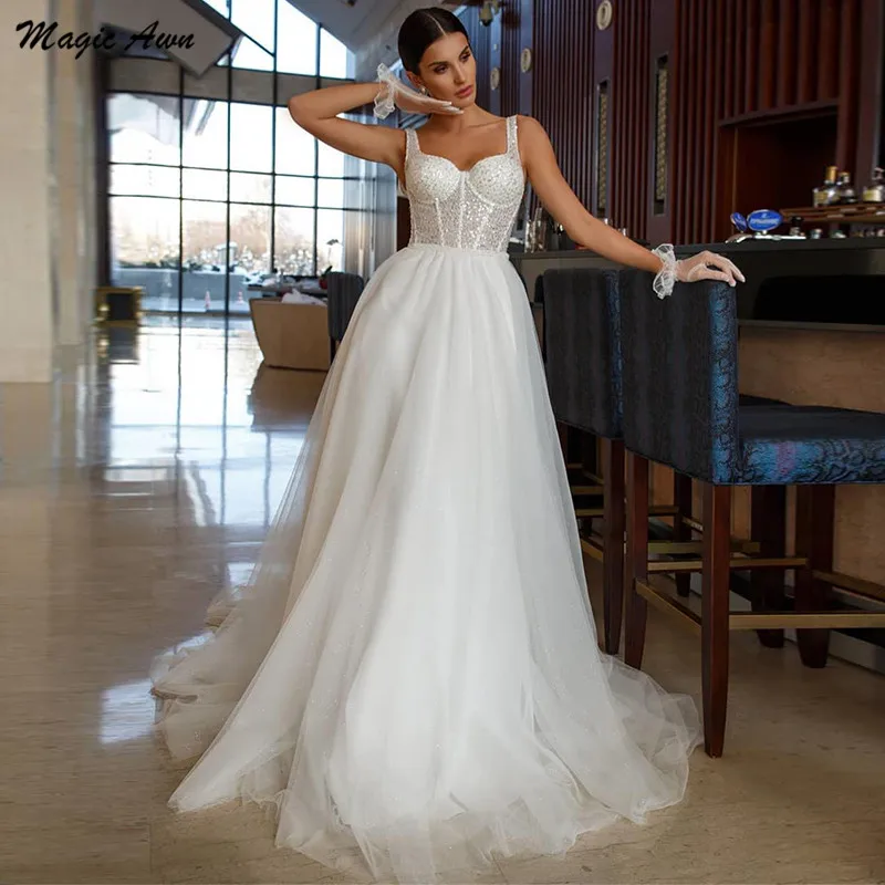 

Magic Awn Sparkly White Wedding Dresses For Women Illusion Sequins Beads Princess Shiny Boho Wedding Party Gowns Vestido Novia