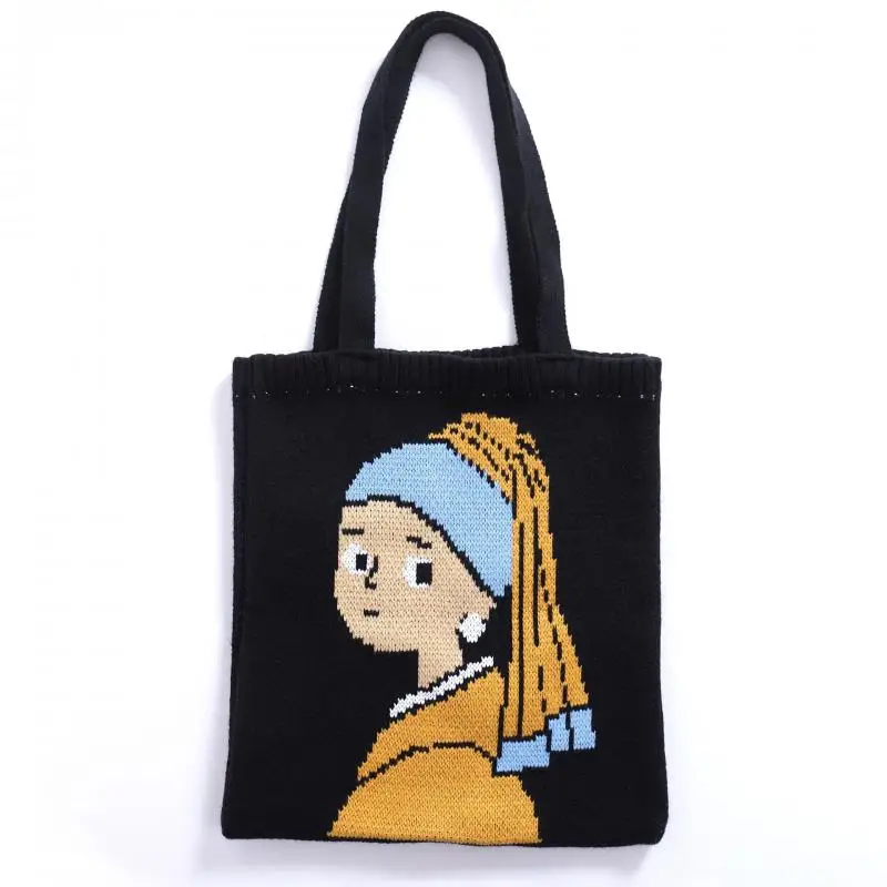 

Retro Cartoon Knitted Shoulder Bag Big Capacity Handbags Fashion Woven Shopper Tote Designer Brand Top-Handle Bags Purses 2021