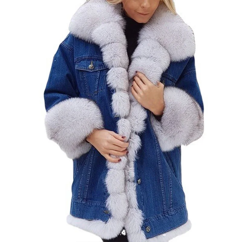 

Donsignet Women Parkas Winter New Womens Fashion Faux Fur Collar Patchwork Denim Coat Streetwear Women Long Sleeved Jacket