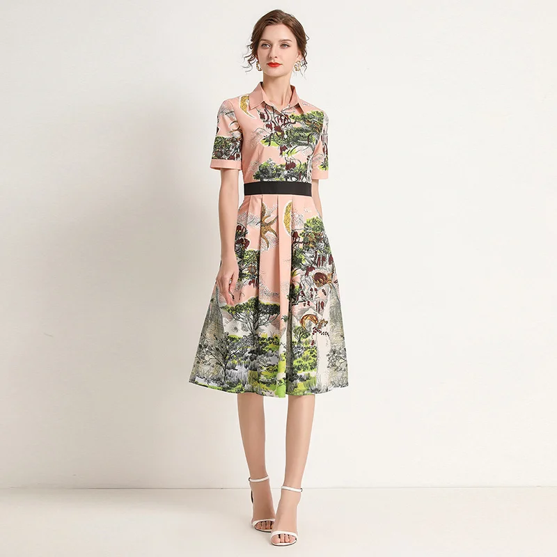 

Женское элегантное платье миди с отложным воротником и коротким рукавом, модель DF513 на лето, 2022