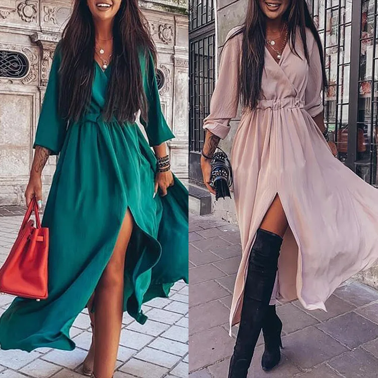 

2021 spring and summer new style middle sleeve right slit long dress plus size dress