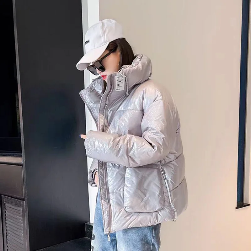2021 Winter Thick Warm Short Parkas Women Fashion Black PU Leather Coats Women Elegant Zipper Cotton Jackets Female Ladies