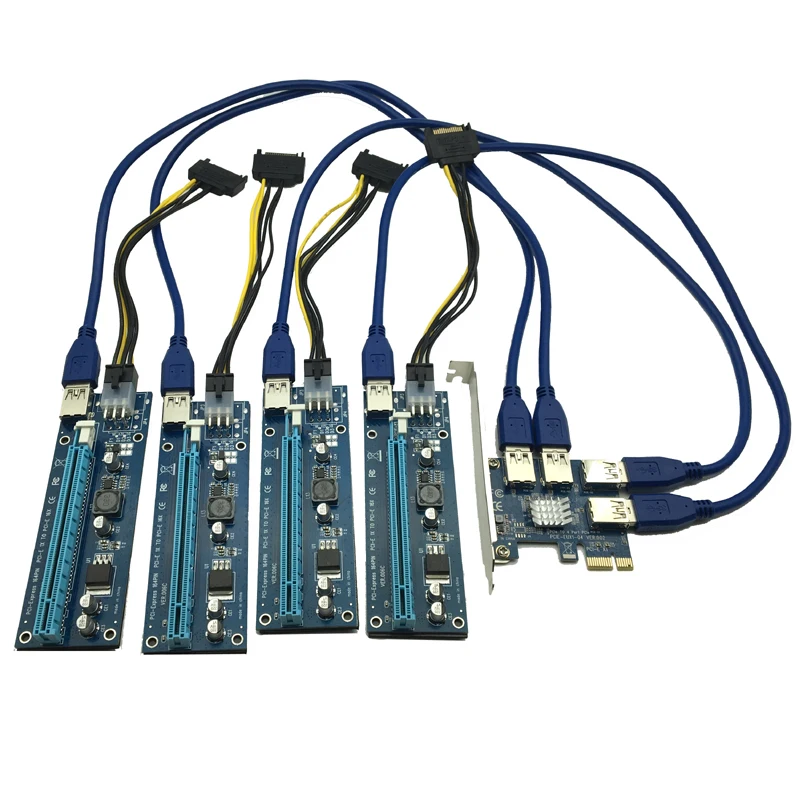 

10set/lot 60cm USB 3.0 PCIe Riser Card PCI-E Express 1x to 4 Port PCI-E 16x Extender Adapter SATA 15Pin-6Pin Power Cable for BTC
